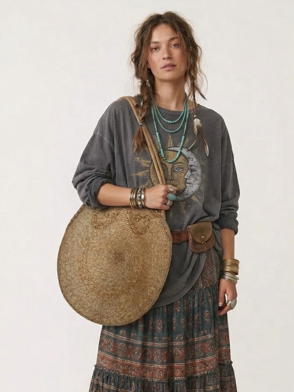 Boho Woven Straw Tote Bag Beachy Cottagecore Prairiecore Wicker Romantic Goblin